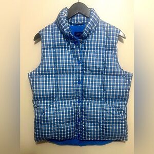 Lands' End Puffer Down Vest Women’s Blue Plaid Snap Vest Pockets Size Med